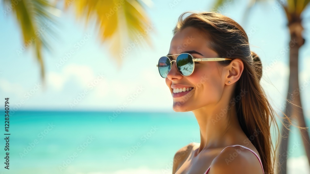 A beautiful woman smiles at the beach, wearing sunglasses that reflect the ocean and sky. Concept of: Beach lifestyle. A beautiful woman smiles at the beach, wearing sunglasses that reflect the ocean and sky. Concept of: Beach lifestyle.