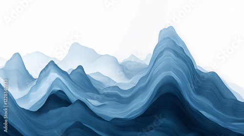 A minimalist, monochrome design of a stock chart, emphasizing the rise and fall of a specific stock ticker in shades of blue and gray. Shaded Falls. Illustration