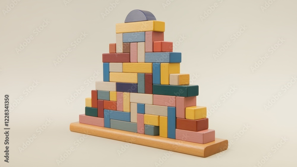 Fototapeta premium A colorful pyramid structure made of wooden building blocks in various shapes and pastel colors, set against a neutral background.