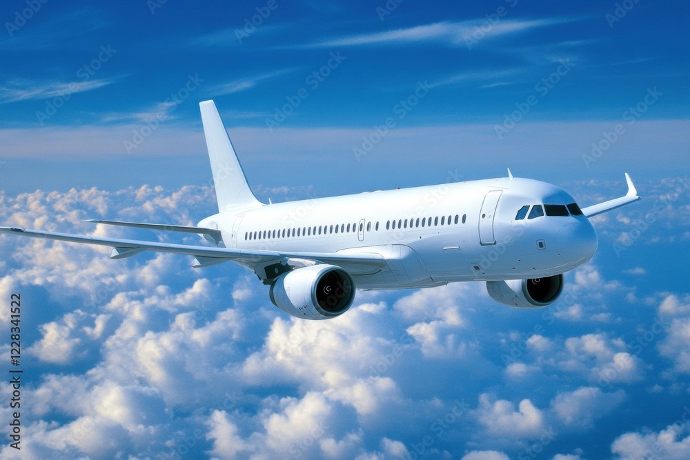 Obraz premium Flying over fluffy white clouds brightened by sunlight during a clear day with a jet airplane cruising at high altitude. Generative AI
