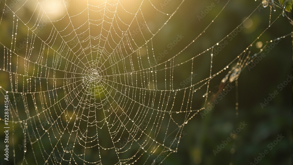 Naklejka premium Sparkling spider web with dewdrops in morning light