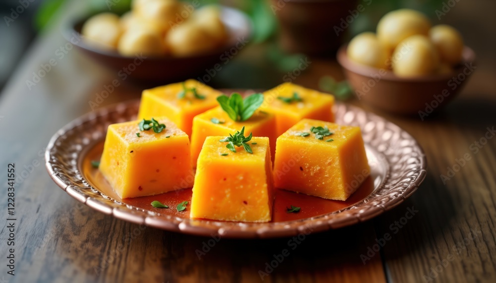 Delicious traditional homemade Mysore Pak dessert. Squares of sweet treat arranged on copper plate. Fresh herbs, spices add unique flavor. Perfect for snack dessert. Image perfect for food bloggers, Delicious traditional homemade Mysore Pak dessert. Squares of sweet treat arranged on copper plate. Fresh herbs, spices add unique flavor. Perfect for snack dessert. Image perfect for food bloggers,