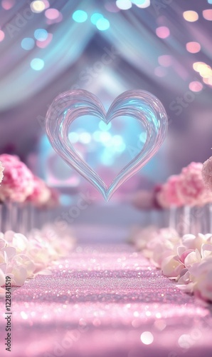A radiant heart-shaped decoration graces the center of a romantic wedding aisle, symbolizing love and unity on this special day.