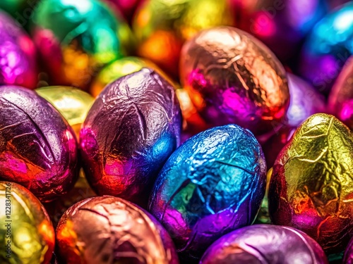 Shiny Foil Wrapped Chocolate Easter Eggs Closeup - Long Exposure Photo