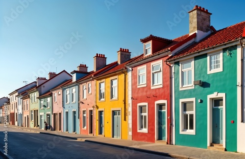Colorful houses line street in Portuguese fishing village. Brightly painted buildings with various shades of red, yellow, blue, green. Houses traditional architectural style with windows, doors.