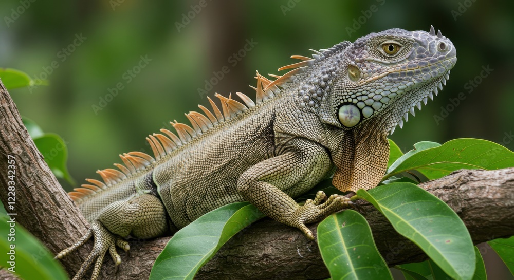 Iguana resting on lush green leaves in a tropical environment