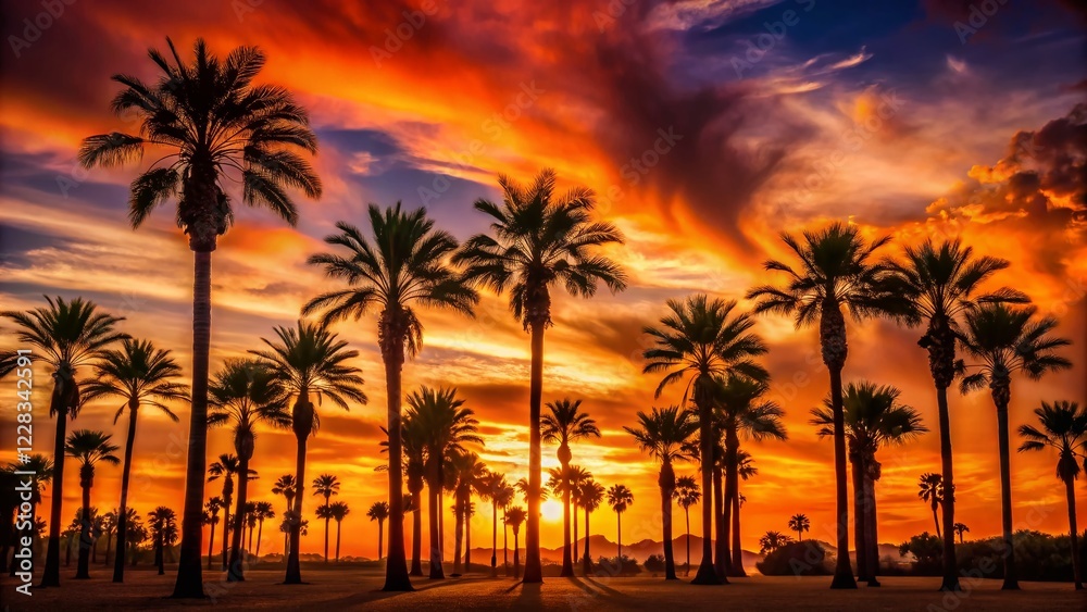 Obraz premium Silhouetted Black Palm Trees at Vibrant Orange Sunset - Dramatic Architectural Photography