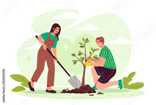 Tree planting activity illustration. Vector illustration