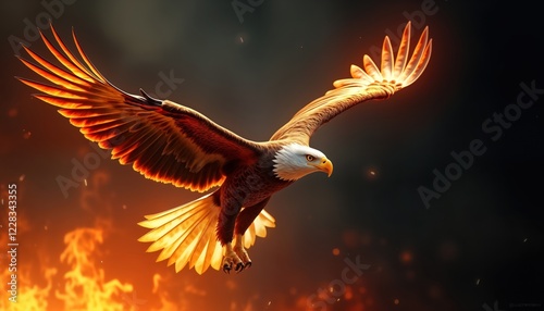 Fiery eagle soars through flames. Powerful bird with orange-yellow wings, brown body. Bird in mid-air. Dramatic image. Black background. Fantasy concept art. Symbol of freedom power. Majestic animal. photo