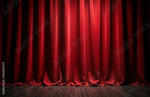 Red velvet curtain drapes stage. Dark wooden floor visible. Elegant, classic. Perfect for theatrical cinema background. Use for photos of performances, shows. Ideal for posters websites related to photo
