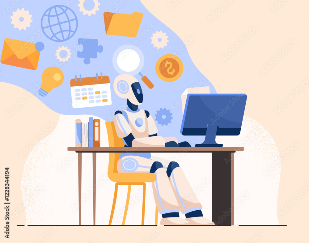 Fototapeta premium Robot working at computer desk. Vector illustration
