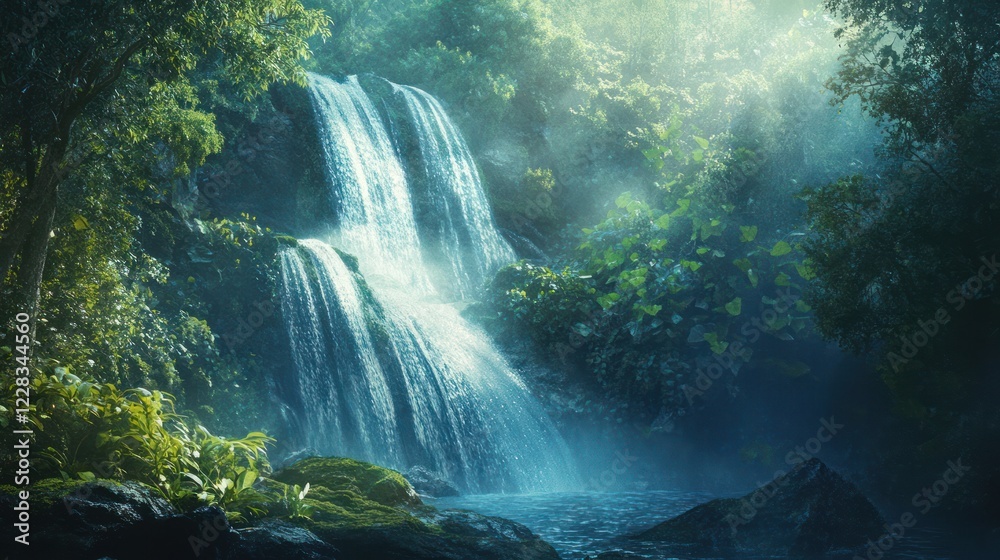 Lush rainforest waterfall, misty sunlight, tranquil pool, nature scene, travel poster Lush rainforest waterfall, misty sunlight, tranquil pool, nature scene, travel poster