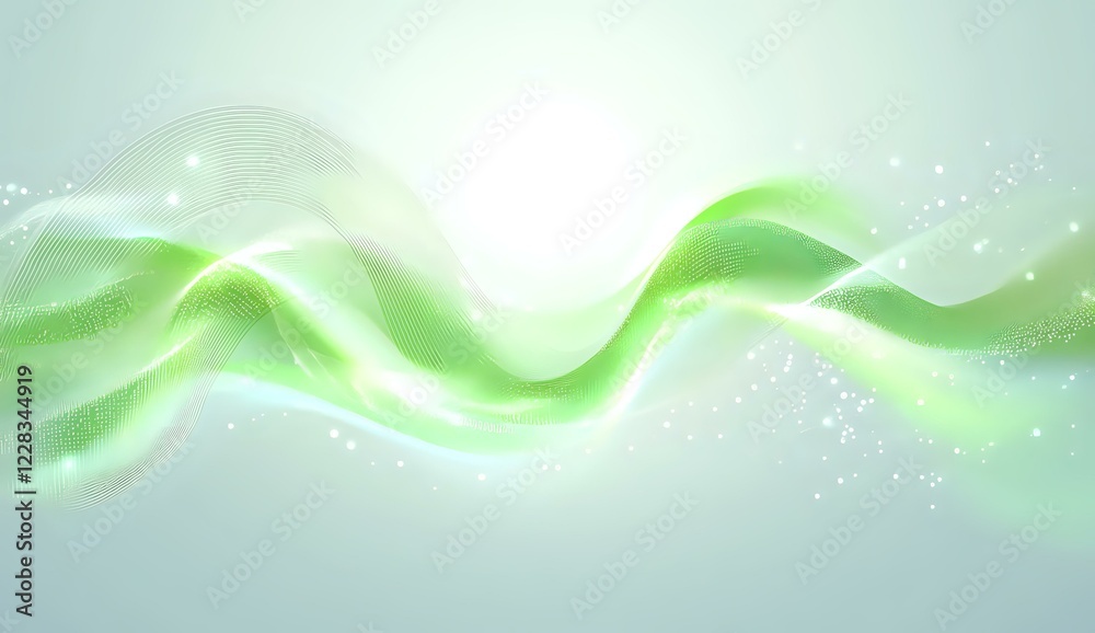 Abstract flowing green wave with glowing light effect and sparkles on soft white background, modern dynamic design element for creative projects. Abstract flowing green wave with glowing light effect and sparkles on soft white background, modern dynamic design element for creative projects.