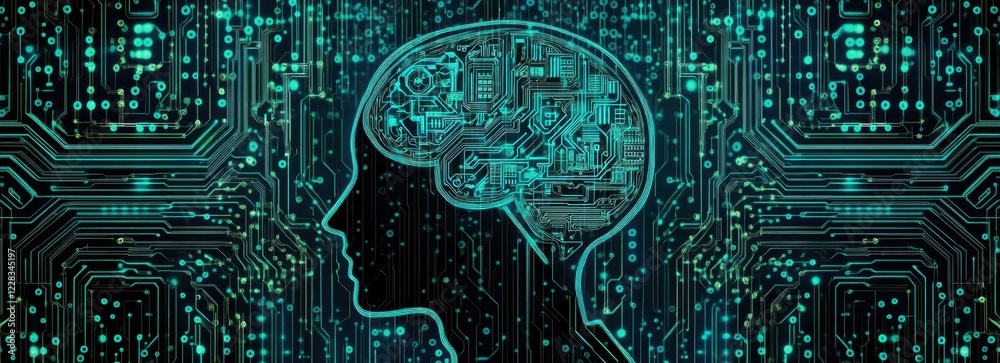 Fototapeta premium Abstract blue background with circuit board and human head silhouette for artificial intelligence concept design Generative AI