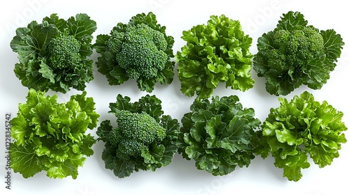 Fresh green broccoli and lettuce heads arranged in two rows on white background, organic vegetables pattern for healthy eating and nutrition concept. photo