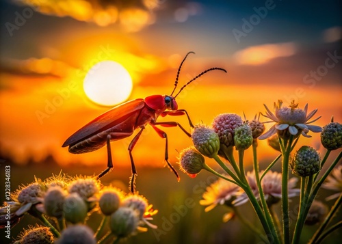 Silhouette of Red Soldier Beetle on Flower, Barycz Valley, Poland photo