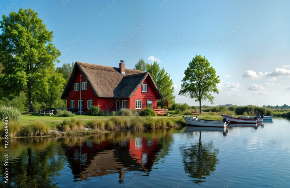 Red house with thatched roof sits by tranquil water. Several boats moored near shore. Rich green trees, grass surround house. Peaceful countryside scene. Scenic nature. Lakeside home. Relaxing spot Red house with thatched roof sits by tranquil water. Several boats moored near shore. Rich green trees, grass surround house. Peaceful countryside scene. Scenic nature. Lakeside home. Relaxing spot