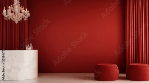 Elegant movie lounge with red velvet curtains and crystal chandelier for luxurious interior design