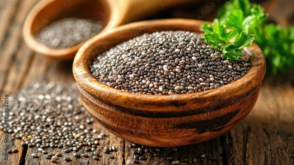 Chia seeds in wooden bowl on rustic table with garnish Chia seeds in wooden bowl on rustic table with garnish