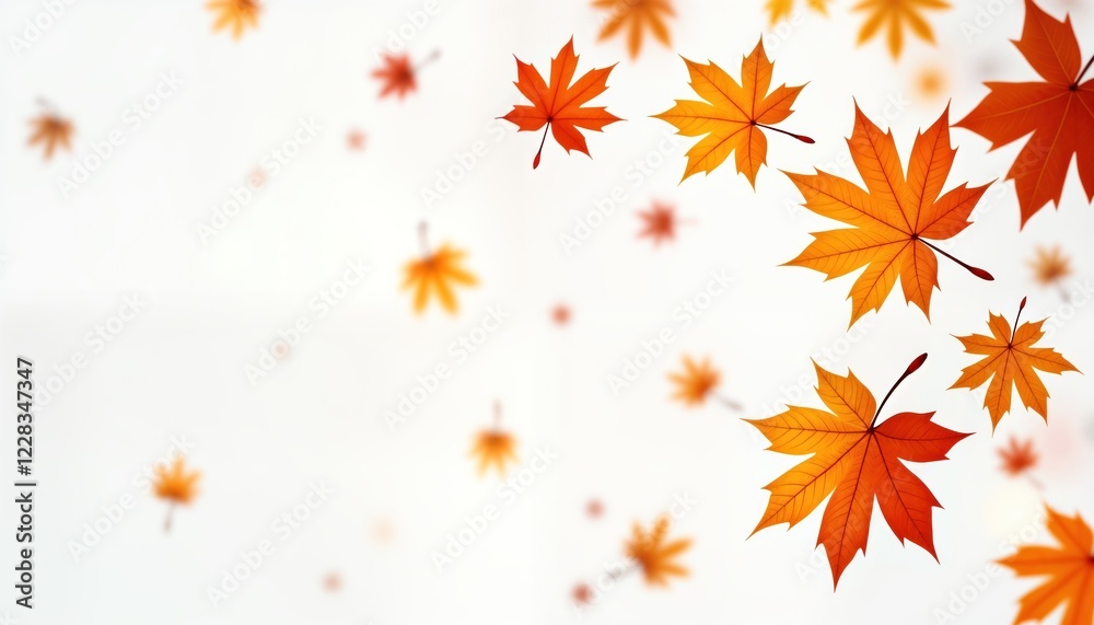 Vibrant autumn leaves float in the air against a white background. Maple leaves are in various shades of orange and red. The leaves are isolated creating a beautiful seasonal design. Vibrant autumn leaves float in the air against a white background. Maple leaves are in various shades of orange and red. The leaves are isolated creating a beautiful seasonal design.