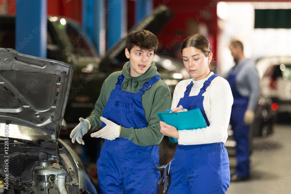 Car service manager discusses car repair problems with a mechanic. He takes notes on paper Car service manager discusses car repair problems with a mechanic. He takes notes on paper