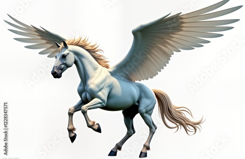 Majestic white pegasus soars through sky. Mythological creature with large wings flies gracefully. Powerful, divine creature. Photorealistic, isolated illustration for fantasy themed designs. Symbol