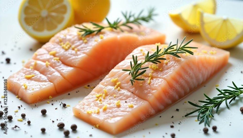 Fresh fish fillet slices prepared for cooking. Lemon zest, fresh rosemary herbs add flavor. White background emphasizes raw ingredients. Healthy seafood meal. Raw food preparation. Culinary Fresh fish fillet slices prepared for cooking. Lemon zest, fresh rosemary herbs add flavor. White background emphasizes raw ingredients. Healthy seafood meal. Raw food preparation. Culinary