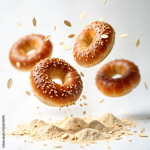 Freshly baked bagels levitate in air above bed of flour, oat flakes. Creative food concept homemade bakery products. Studio shot focuses on appetizing textures, colors of baked goods. Ideal image for photo