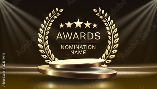 Award ceremony nomination name podium, golden prize event, scene star ceremony. Vector illustration
