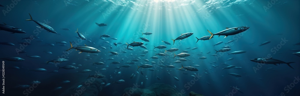 Obraz premium Sunlight beams through deep ocean water. School of blue tuna fish swims together. Ocean life shows aquatic wildlife. Nature scene in blue deep sea. Fish swimming. Sunlight in sea water. Wonderful