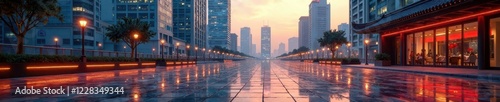 Empty brick floor, modern Shanghai building backdrop, asia, horizon