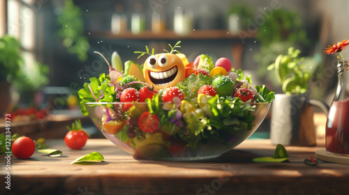 A fresh salad with a variety of ingredients. animated character, C4D model rendering, cheerful smile, 3D rendering