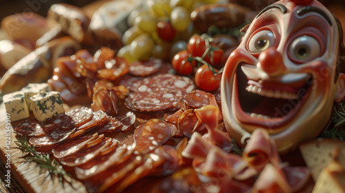 A close-up of a charcuterie board. animated character, C4D model rendering, cheerful smile, 3D rendering