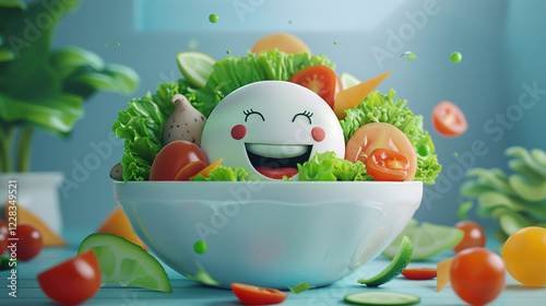 A fresh salad with a variety of ingredients. animated character, C4D model rendering, cheerful smile, 3D rendering