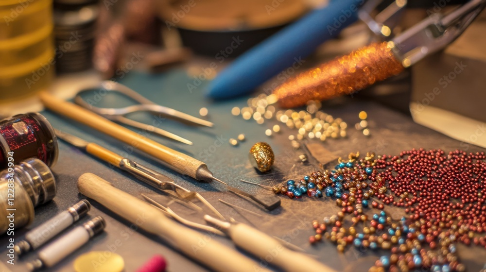 Scene of a well-arranged beading setup with beads and tools. Featuring beads, beading tools, and a design board. Emphasizing the creativity and precision in beading. Ideal for craft and hobby imagery. Scene of a well-arranged beading setup with beads and tools. Featuring beads, beading tools, and a design board. Emphasizing the creativity and precision in beading. Ideal for craft and hobby imagery.
