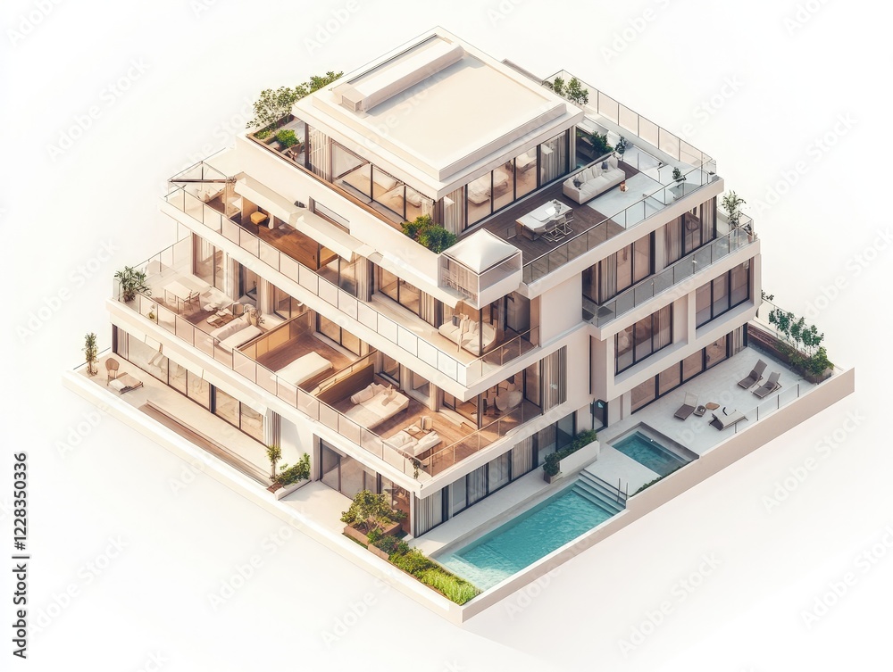 Luxury Modern Multi-Level Mansion with Infinity Pool Stunning Architectural Design Isometric View. Luxury Modern Multi-Level Mansion with Infinity Pool Stunning Architectural Design Isometric View.