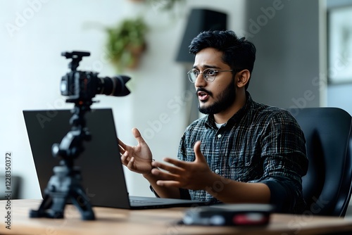 Young Indian Man content creator influencer Engaged in Video Presentation with Camera and Laptop