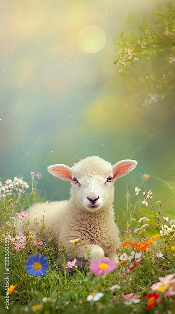 Fototapeta premium Adorable Baby Ewe Sitting on Patch of Soft Grass Surrounded by Flowers