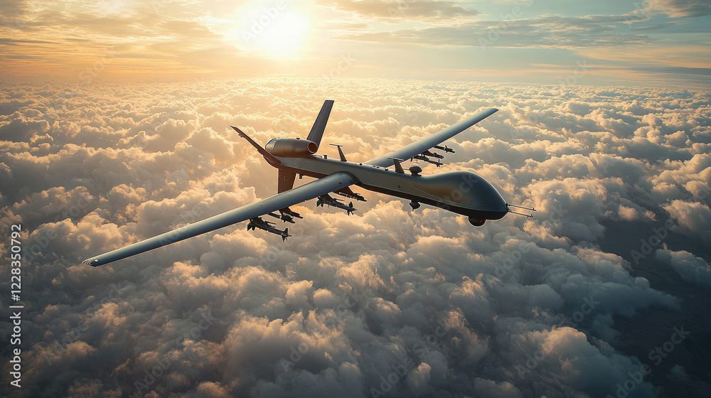 Military attack drone, unmanned aircraft flying above clouds. Concept of spy, intelligence, war, uav, weapon