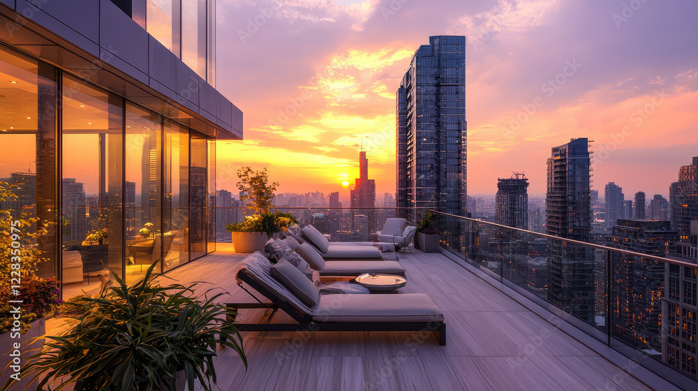 Stunning sunset view from modern city rooftop terrace with lounge chairs and glass walls