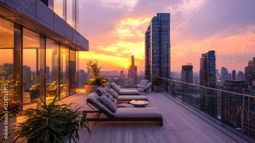 Obraz na płótnie Stunning sunset view from modern city rooftop terrace with lounge chairs and glass walls w salonie