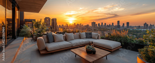 Modern rooftop terrace with comfortable sofa overlooking city skyline at sunset