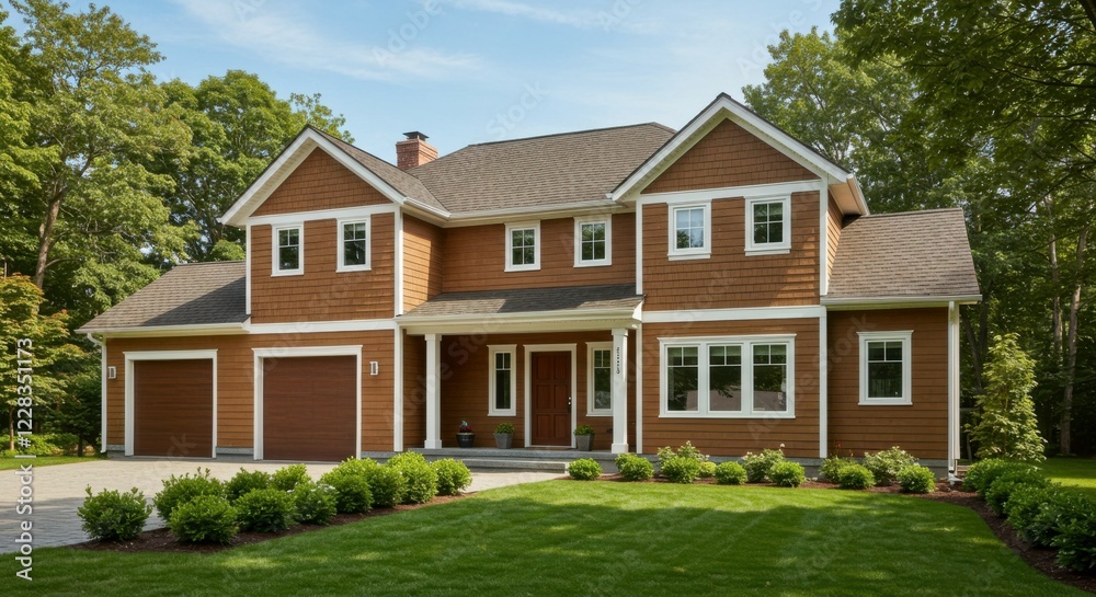 The timeless beauty of brown siding and white trim in a classic home exterior design. The timeless beauty of brown siding and white trim in a classic home exterior design.