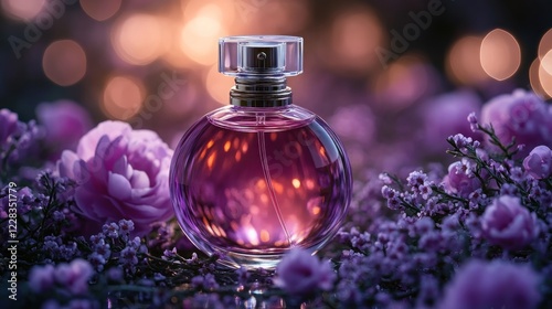 Purple perfume bottle, floral bokeh background