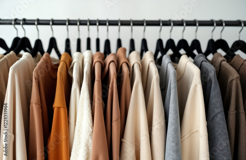 Autumn clothes hang neatly on hangers in bright white room. Various shades of beige brown, cream sweaters, jackets displayed. Stylish fall fashion items showcased. Trendy autumnal apparel ready for photo