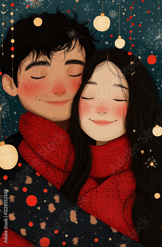 Romantic Couple Embracing in Winter Wonderland: A Festive Christmas and New Year Illustration photo