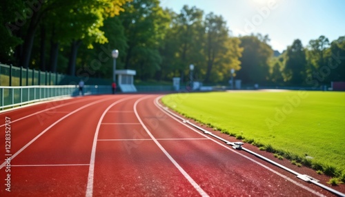 Outdoor running track in stadium. Sunny day. People seen training on track. Green grass field beside red track. Ideal photo for sport stock. Fitness motivation. Active lifestyle. photo