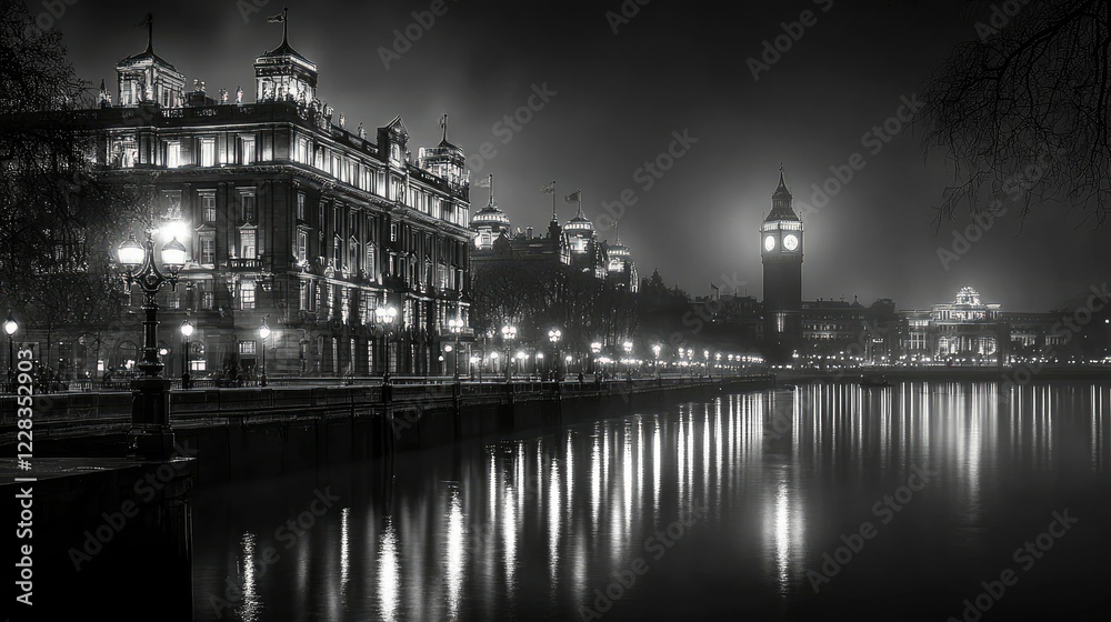Obraz premium London Cityscape at Night Featuring Big Ben and Illuminated Buildings