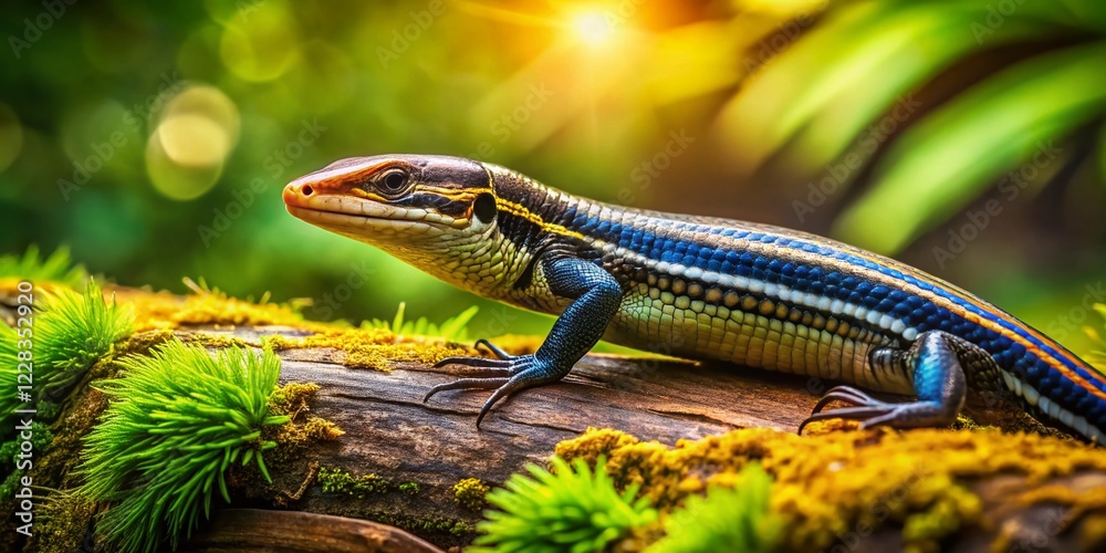 Naklejka premium Southeastern Five-lined Skink on Mossy Log, Appalachian Forest Landscape