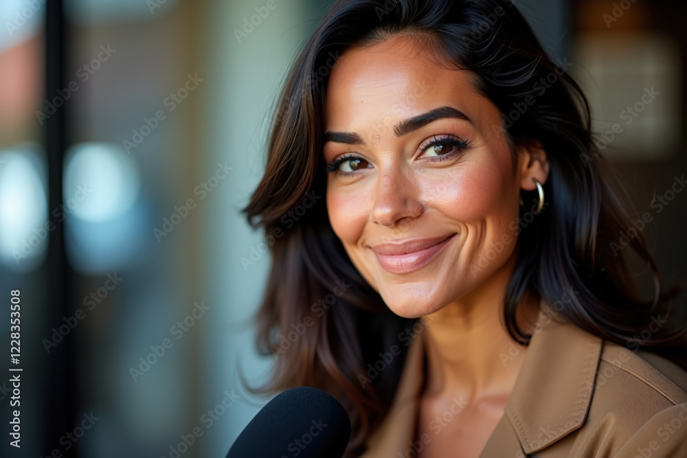 Fototapeta premium Portrait of a Smiling South Asian Woman with Long Hair in a Stylish Outfit, Captured in a Bright Modern Environment, Radiating Confidence and Warmth